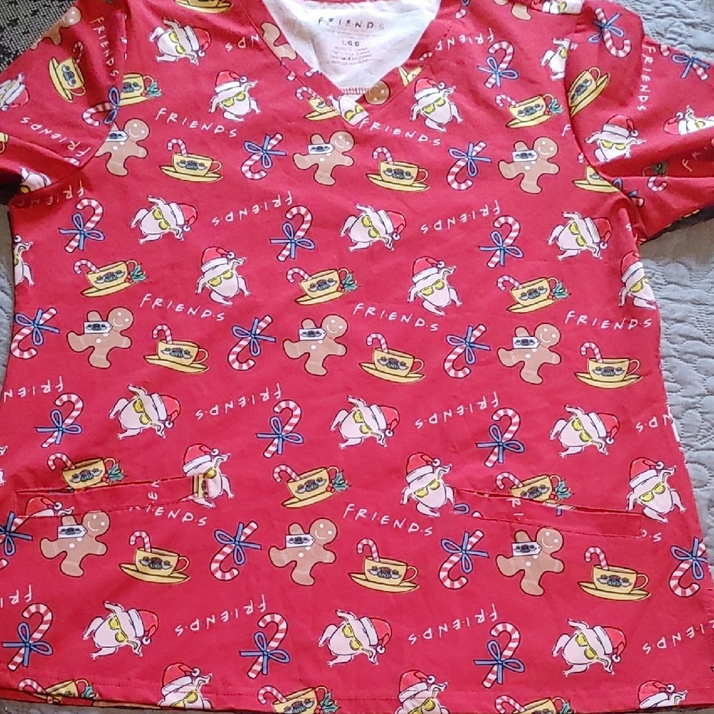 3/$30 FRIENDS Festive Red Scrub Top Sz Lg